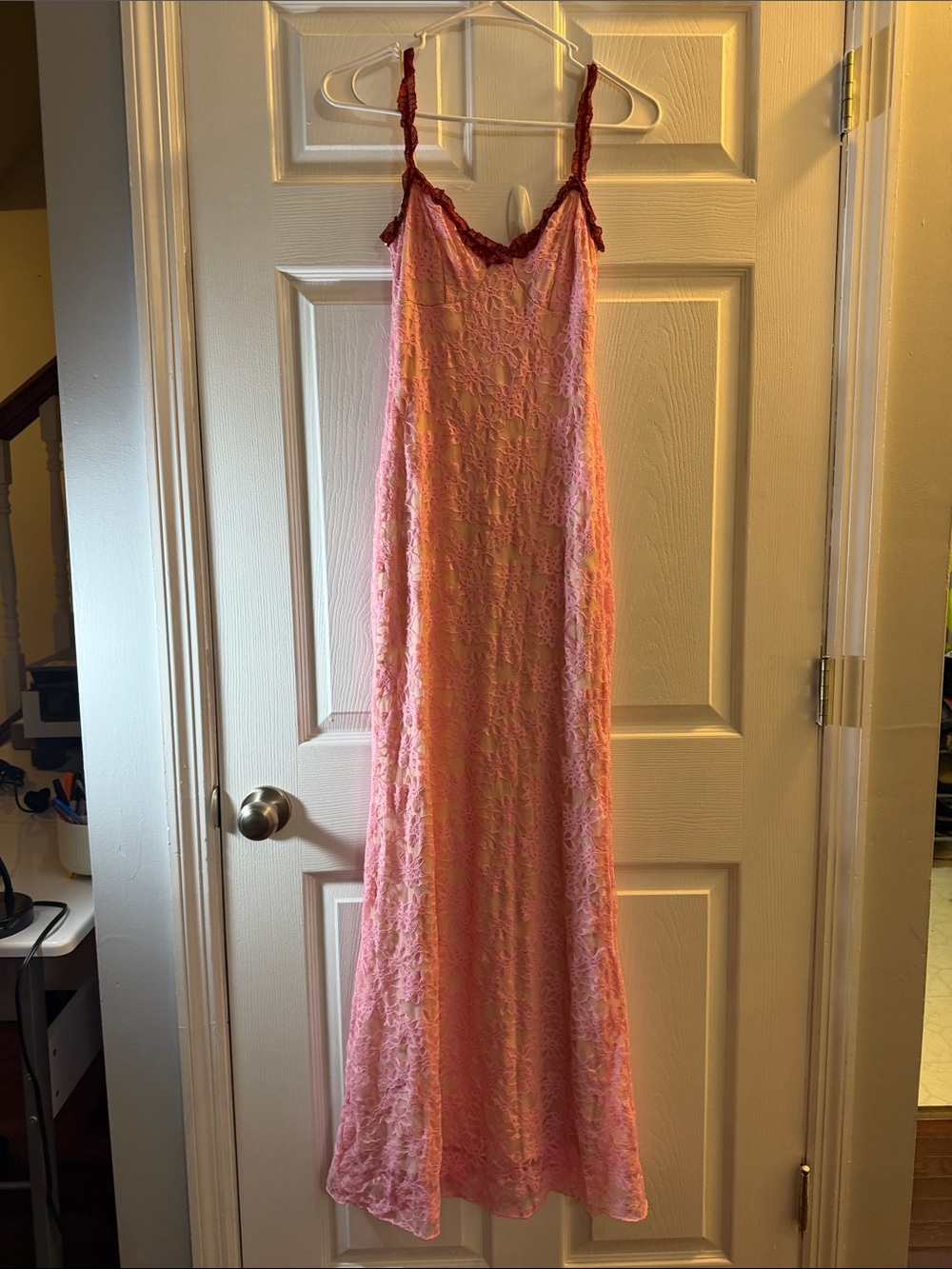 Pink Lace Slip Dress with Burgundy Trim